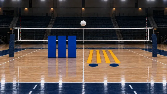 Original editorial image of an empty volleyball court split between BYU blue and West Virginia gold, with three blue blocking pads facing four gold attack paths.