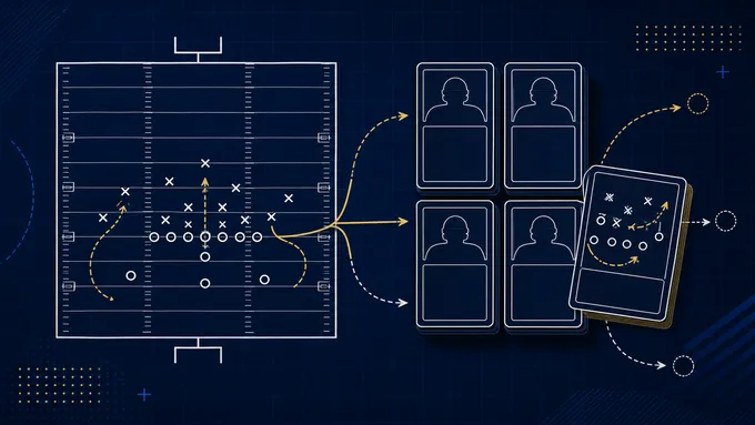 Trademark-safe abstract football recruiting board with quarterback depth cards and contingency arrows.