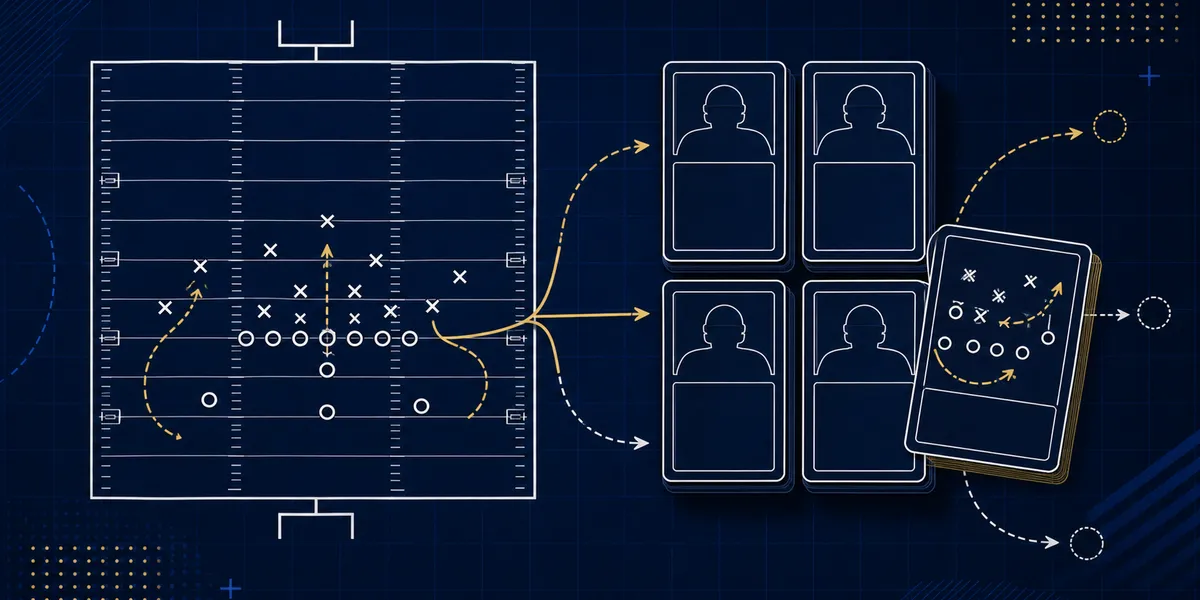 Trademark-safe abstract football recruiting board with quarterback depth cards and contingency arrows.