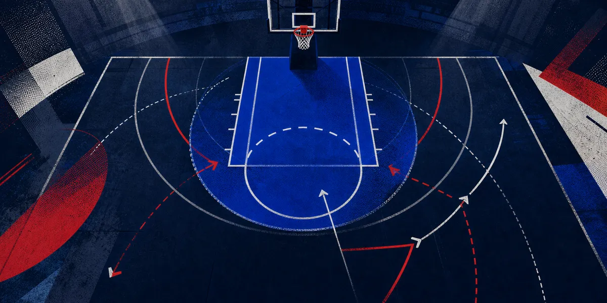 Abstract navy basketball half court with red and white movement lines converging around the paint, created for BYU Sport Nuts.