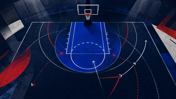 Abstract navy basketball half court with red and white movement lines converging around the paint, created for BYU Sport Nuts.