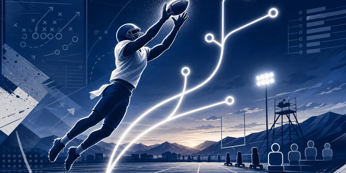 Abstract navy football practice field with route-tree lines and an anonymous receiver silhouette, created for BYU Sport Nuts.