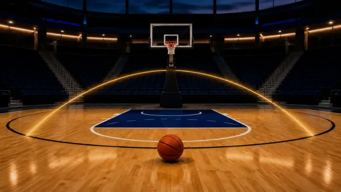 Original editorial illustration of one basketball on an empty arena court beneath a warm arc of light.