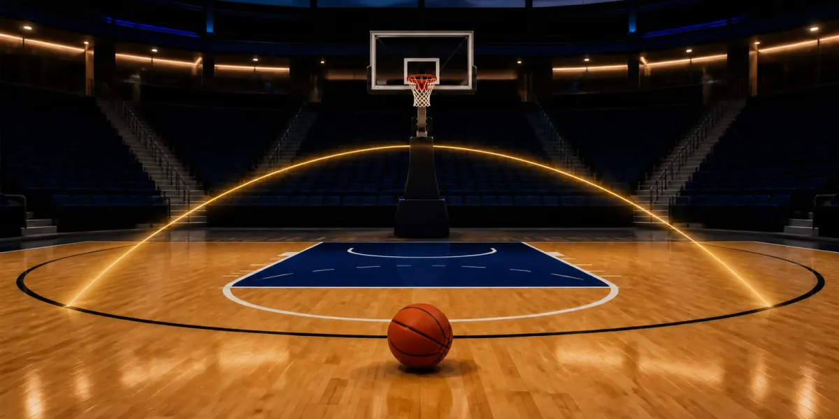Original editorial illustration of one basketball on an empty arena court beneath a warm arc of light.