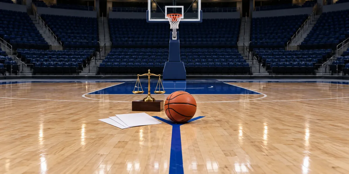 Original editorial illustration of a basketball, three blank court papers and a balance scale on an empty blue basketball court.