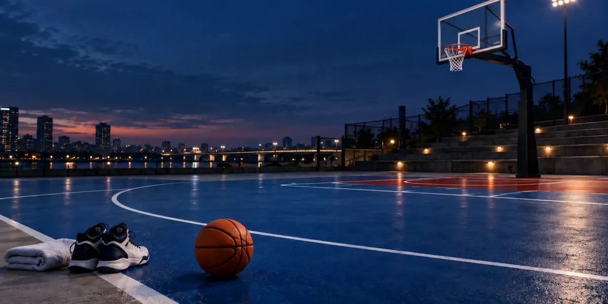 Original empty blue half-court at dusk with one basketball, one hoop and unmarked shoes beside a towel.