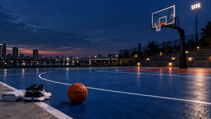 Original empty blue half-court at dusk with one basketball, one hoop and unmarked shoes beside a towel.
