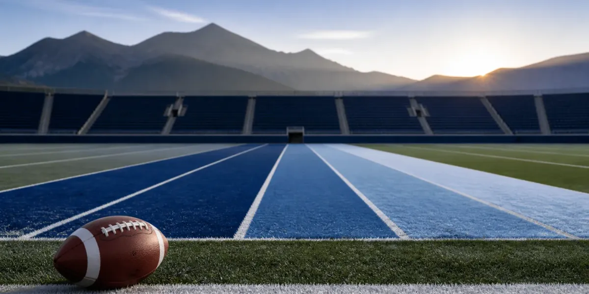 Original editorial illustration of one football beside blue training lanes on an empty mountain practice field.