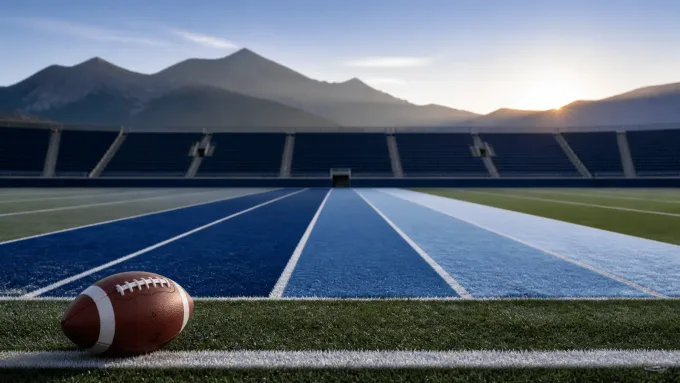 Original editorial illustration of one football beside blue training lanes on an empty mountain practice field.