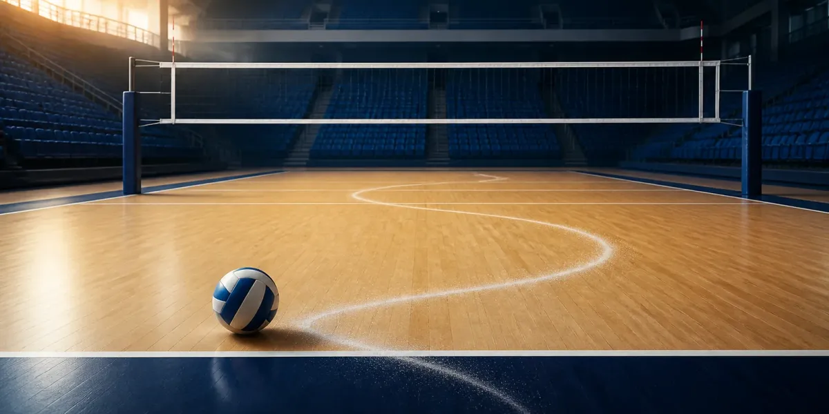 Original editorial illustration of one volleyball on an empty navy court with a looping return path.