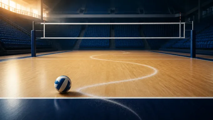 Original editorial illustration of one volleyball on an empty navy court with a looping return path.