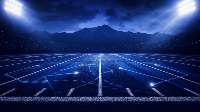 Abstract navy football trench graphic with defensive line gaps and mountain shapes, created for BYU Sport Nuts.