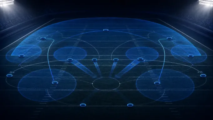 Original navy football field illustration with layered coverage zones and pressure paths.