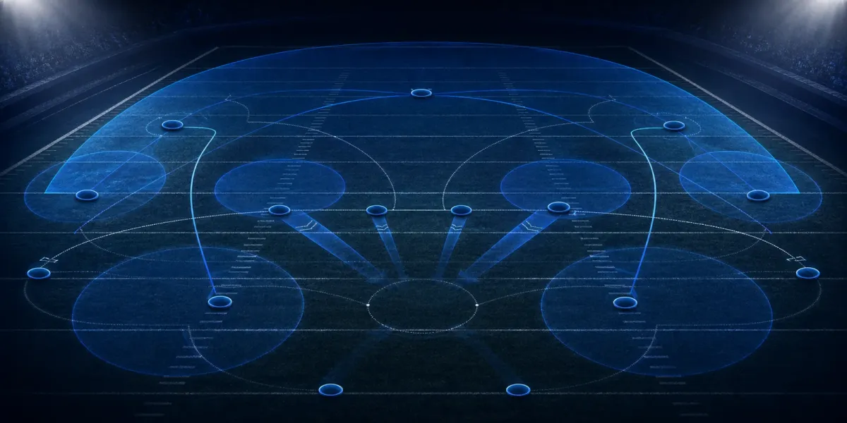 Original navy football field illustration with layered coverage zones and pressure paths.