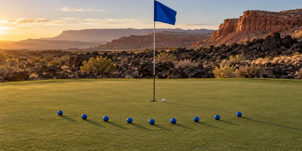 Original editorial golf art with one ball beside the ninth cup and nine blue markers on a southern Utah desert green.