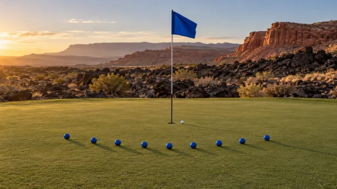 Original editorial golf art with one ball beside the ninth cup and nine blue markers on a southern Utah desert green.
