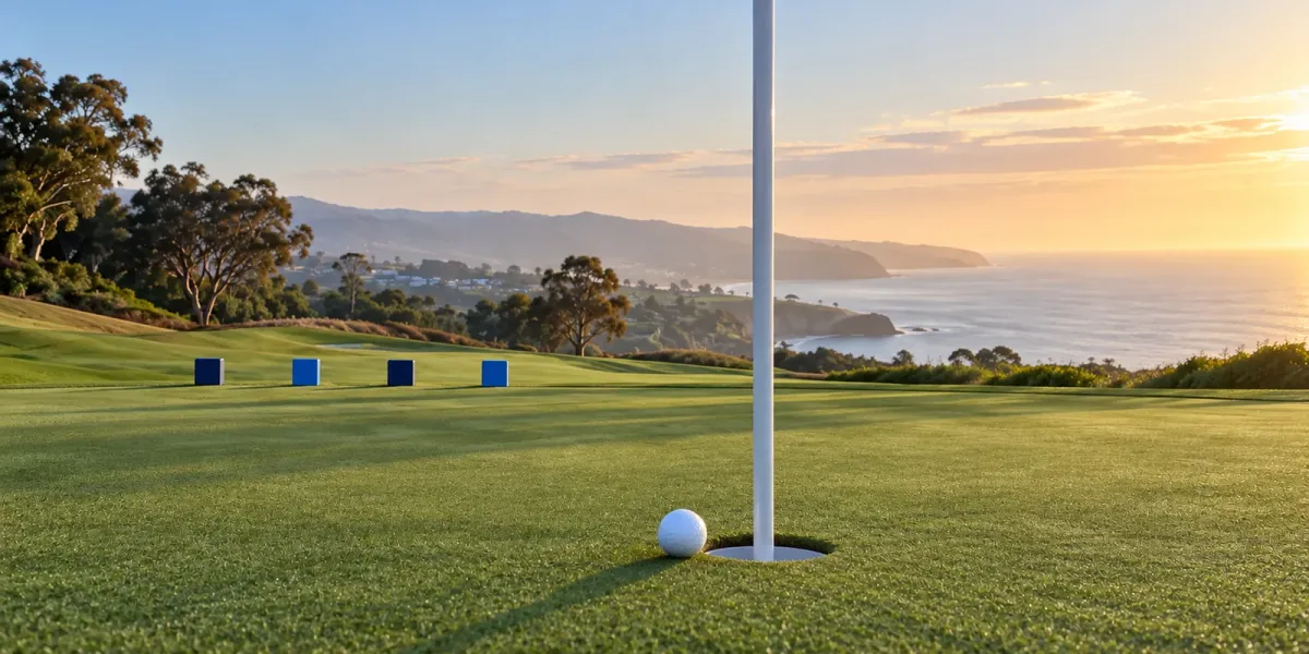 Original editorial image of one golf ball beside a cup on an empty coastal course, with four blank blue markers in the distance.