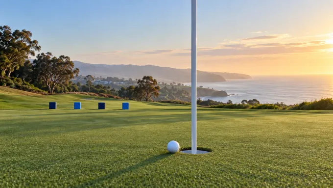 Original editorial image of one golf ball beside a cup on an empty coastal course, with four blank blue markers in the distance.