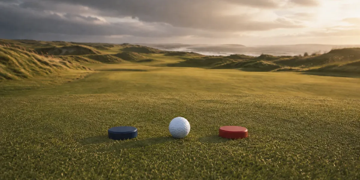 Original editorial illustration of one golf ball between plain navy and red match-play markers on an empty Irish links course.