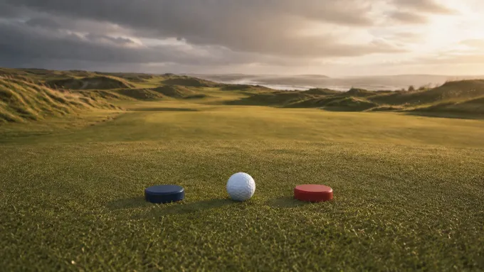 Original editorial illustration of one golf ball between plain navy and red match-play markers on an empty Irish links course.