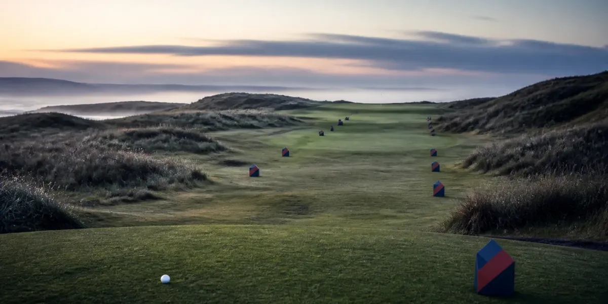 Original editorial illustration of one golf ball and navy-red route markers on an empty Irish links course at dawn.