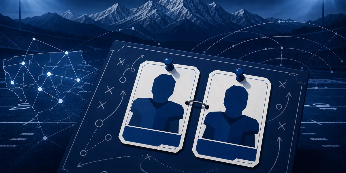 Abstract navy football recruiting board with two connected blank recruit cards, Utah mountains and field markings, created for BYU Sport Nuts.