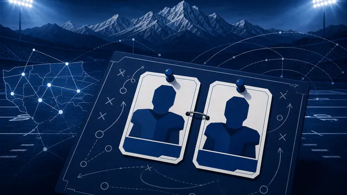 Abstract navy football recruiting board with two connected blank recruit cards, Utah mountains and field markings, created for BYU Sport Nuts.