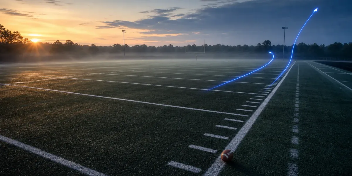 Empty football practice field at dawn with two original blue route lines illustrating vertical receiver spacing.