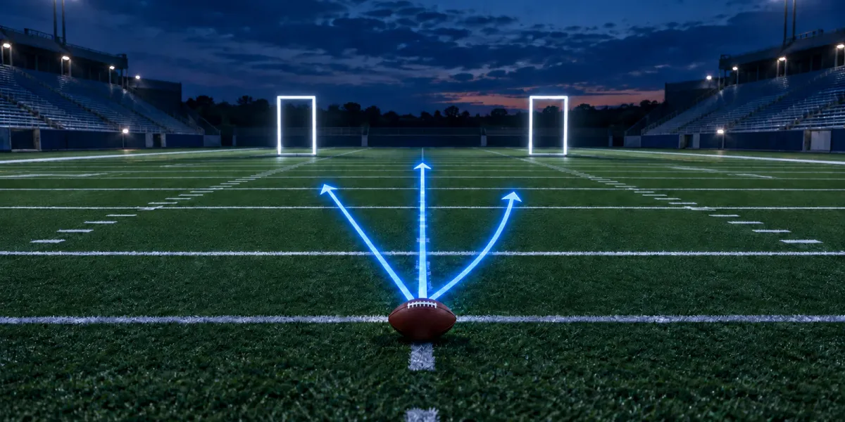 Original editorial illustration of one football sending three royal-blue route lanes toward two white training gates on an empty field.