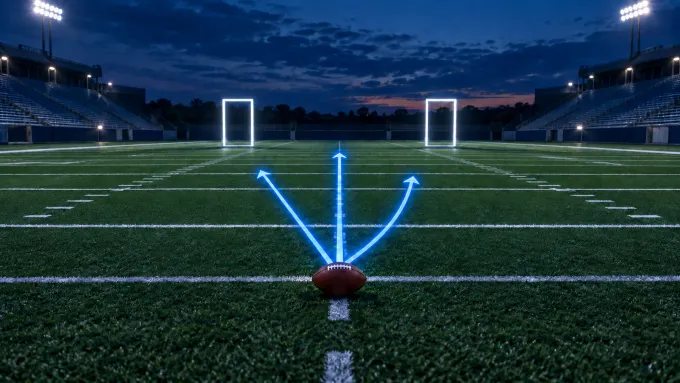 Original editorial illustration of one football sending three royal-blue route lanes toward two white training gates on an empty field.