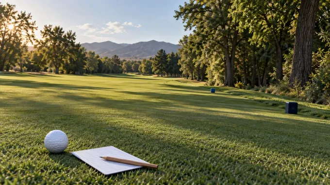 Original editorial illustration of one unbranded golf ball and blank scorecard on an empty tree-lined course.