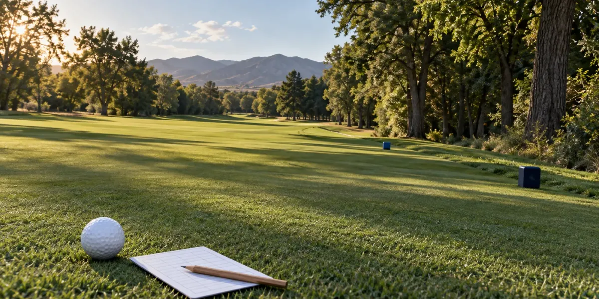 Original editorial illustration of one unbranded golf ball and blank scorecard on an empty tree-lined course.