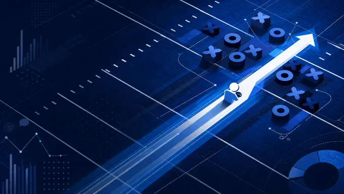 Abstract navy and royal BYU-style football field diagram with a running lane arrow and workload data grid, created for BYU Sport Nuts.