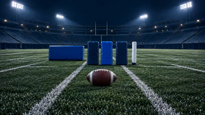 Original football art with one large blue pad withdrawn behind three smaller blue pads, a white read marker and a football in an empty stadium.