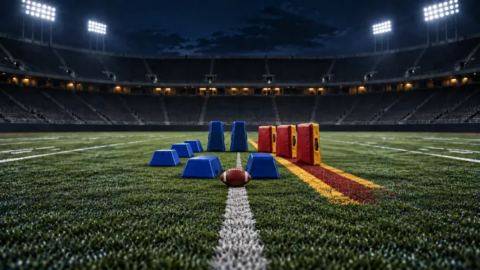 Original editorial football art with seven blue depth markers facing three cardinal-and-gold blocking pads on an empty field.