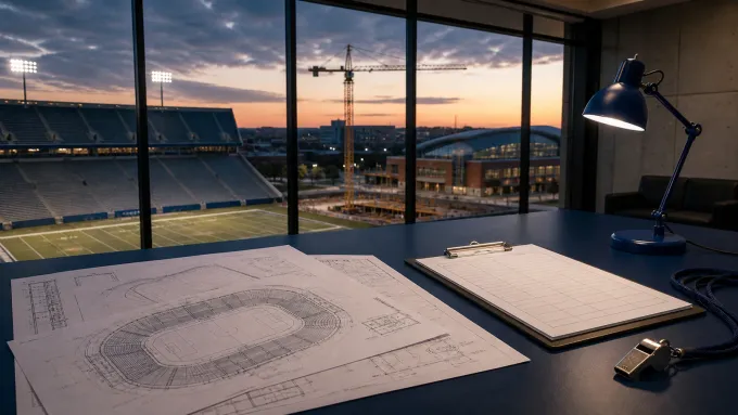Original editorial illustration of a generic athletics operations desk with stadium blueprints, a blank clipboard and a whistle overlooking empty facilities.