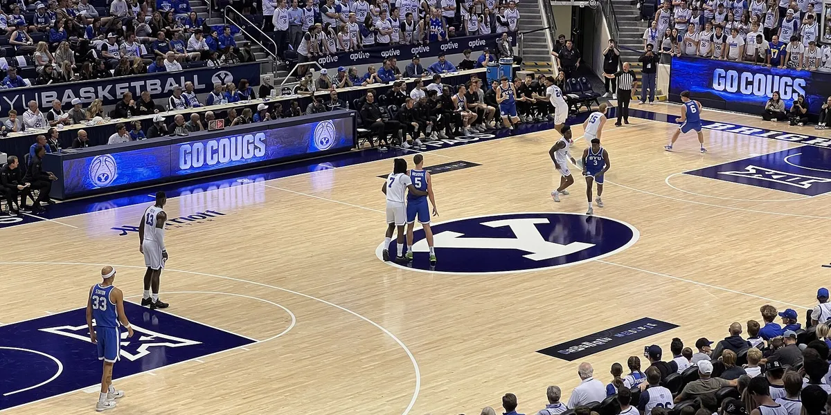 BYU basketball at the Marriott Center during a Blue and White game, used as real editorial imagery for BYU Sport Nuts.