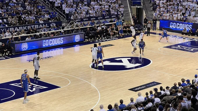 BYU basketball at the Marriott Center during a Blue and White game, used as real editorial imagery for BYU Sport Nuts.