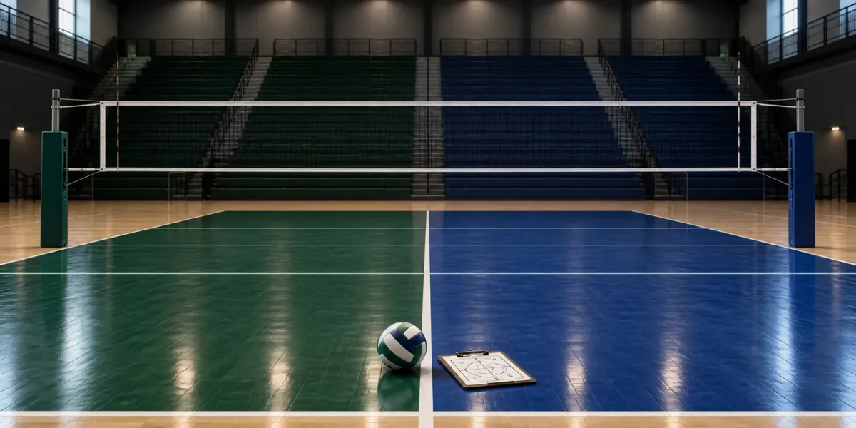 Original empty volleyball court transitioning from green to blue with one ball and a coach's clipboard.