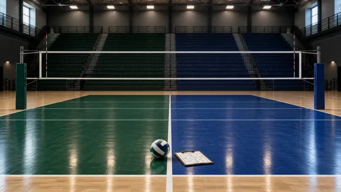 Original empty volleyball court transitioning from green to blue with one ball and a coach's clipboard.