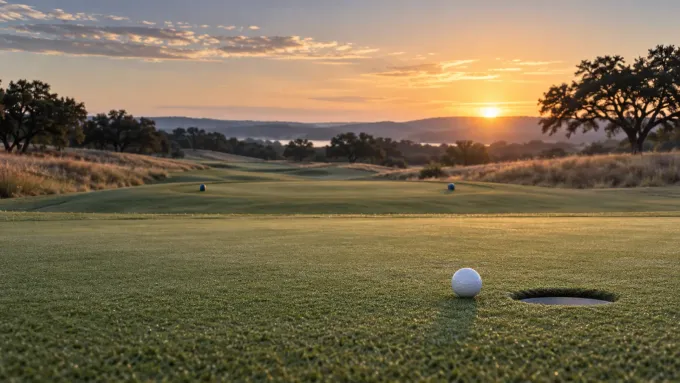 Original editorial illustration of a golf ball beside an empty cup on a Texas course at sunrise.