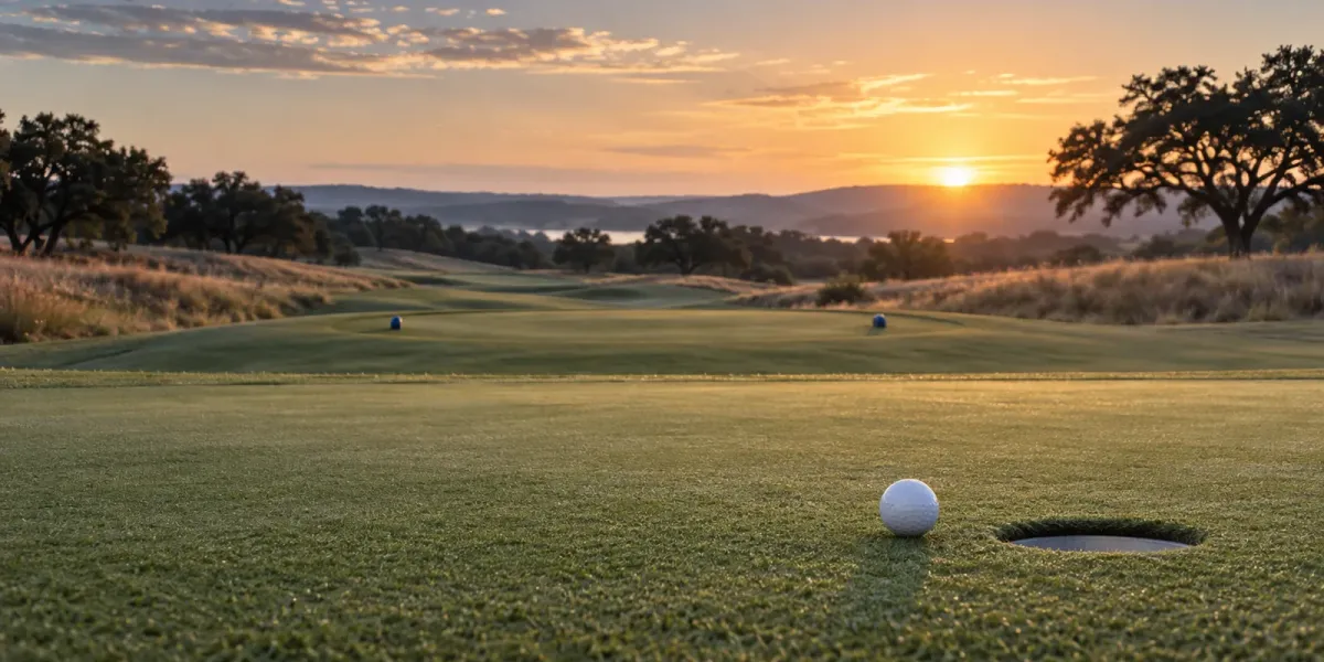 Original editorial illustration of a golf ball beside an empty cup on a Texas course at sunrise.