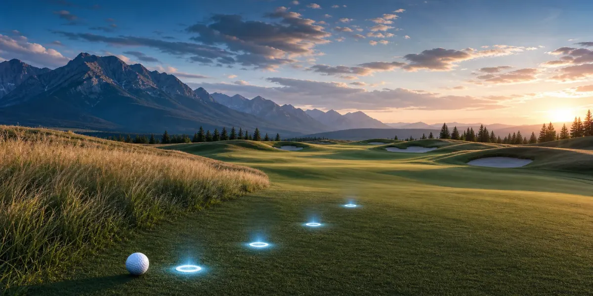Original editorial golf art showing a ball and four blue progress markers on a mountain course at sunrise.