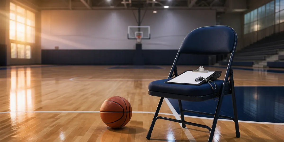 Original editorial illustration of a basketball, blank clipboard and whistle beside an empty coaching chair on a practice court.