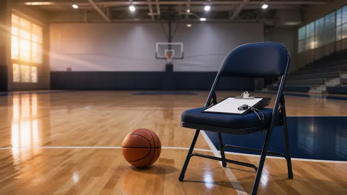 Original editorial illustration of a basketball, blank clipboard and whistle beside an empty coaching chair on a practice court.