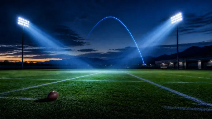 Original editorial illustration of an empty football field with converging pass-rush lights and a blue interception arc.