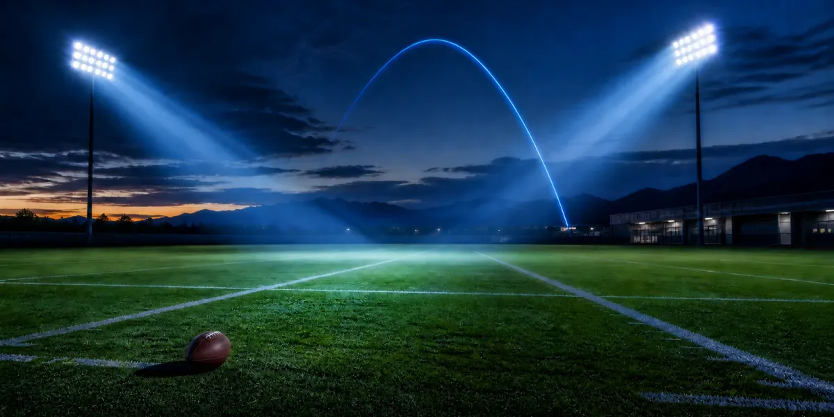 Original editorial illustration of an empty football field with converging pass-rush lights and a blue interception arc.