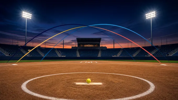 Original editorial art of an empty softball stadium at dusk with a ball on the pitching rubber and four colored trajectory arcs.