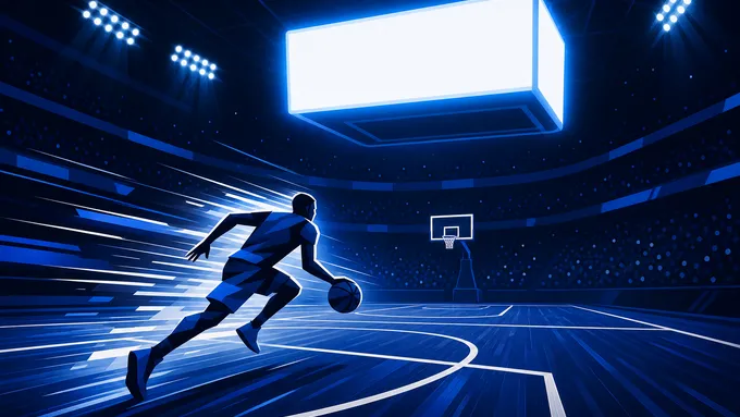 Abstract navy basketball court with a glowing scoreboard shape and geometric guard silhouette, created for BYU Sport Nuts.