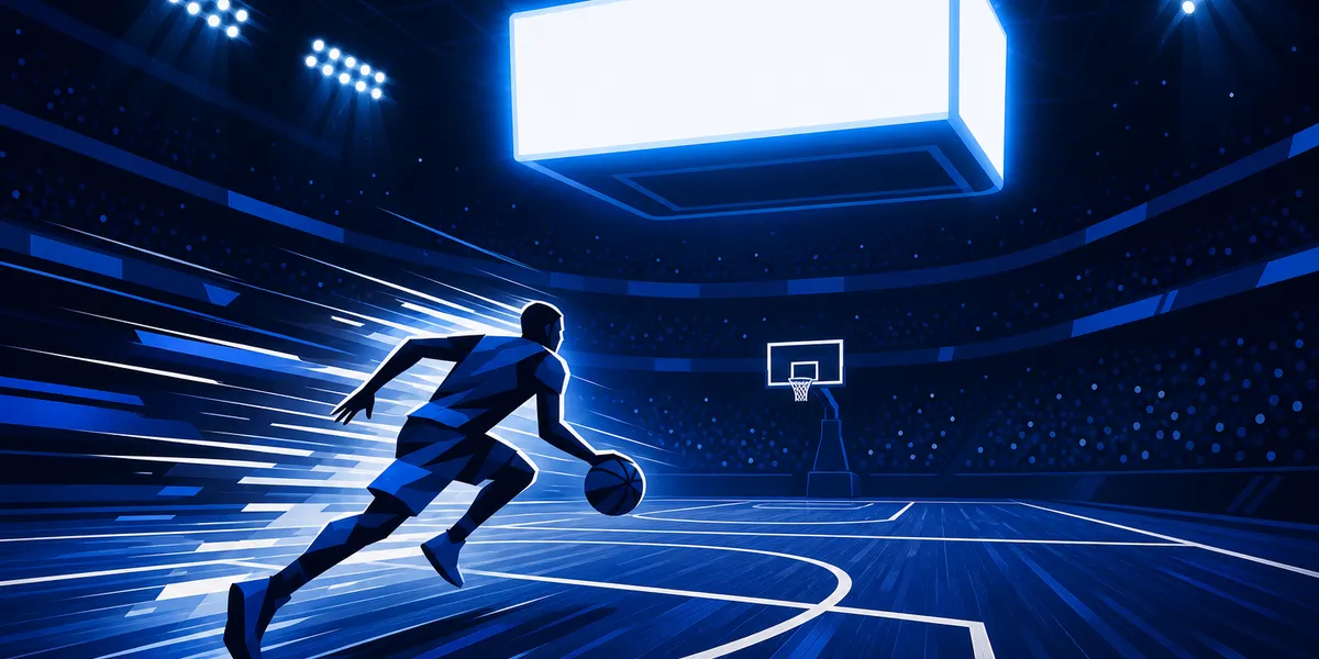 Abstract navy basketball court with a glowing scoreboard shape and geometric guard silhouette, created for BYU Sport Nuts.